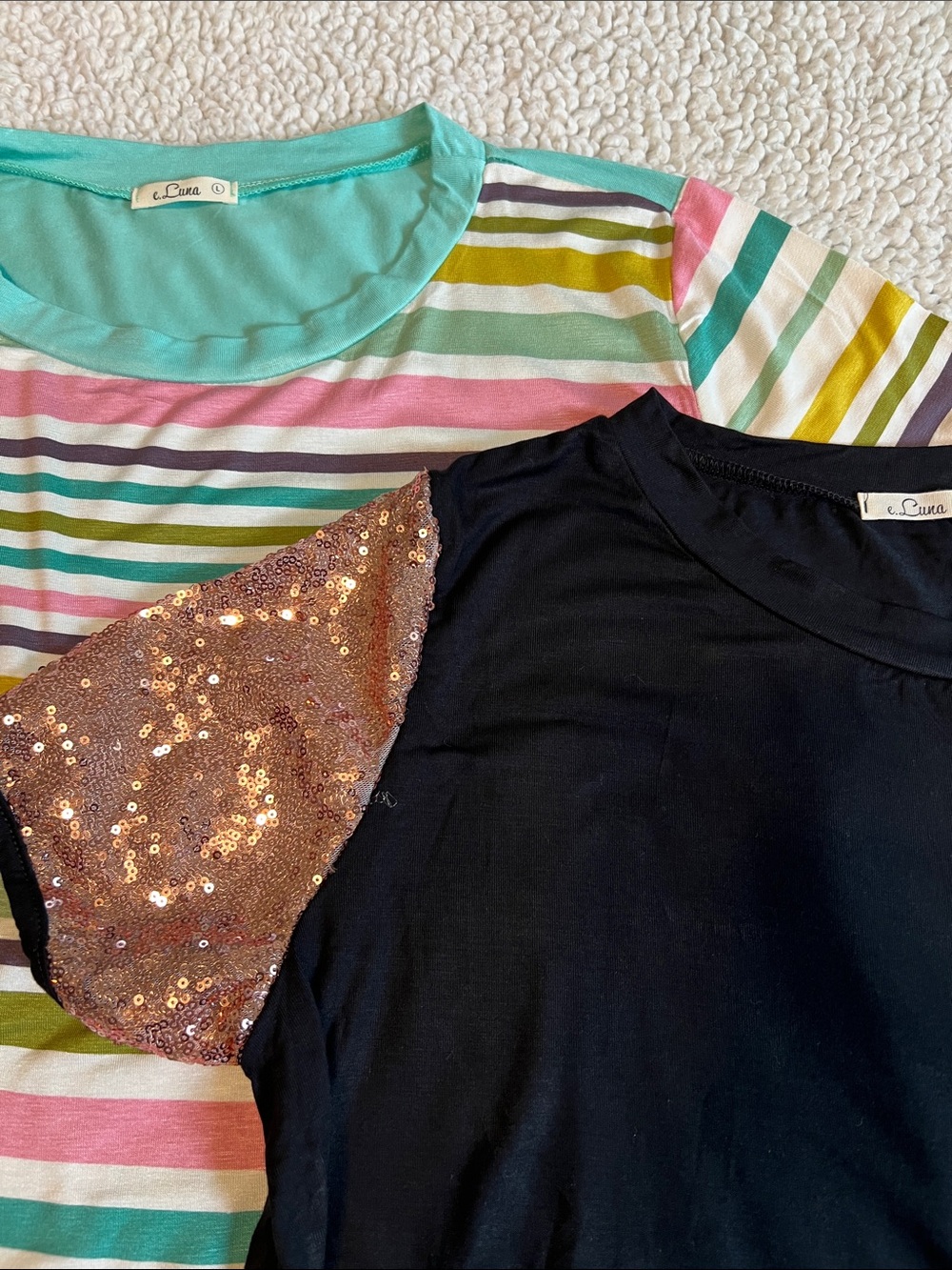 E Luna bundle  Black Tee with Rose Gold Sequin Sleeve and multi color blouse